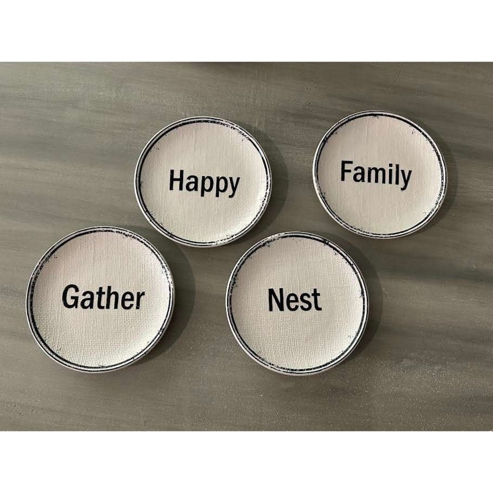 Pier 1 Imports Ironstone Appetizer Plates Set 4 Happy Family Gather Nest 6.25"